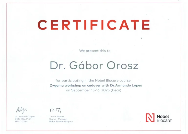 2025-Dr-Orosz-Gabor-Nobel-Zygoma-workshop-cert-Pecs-Hungary